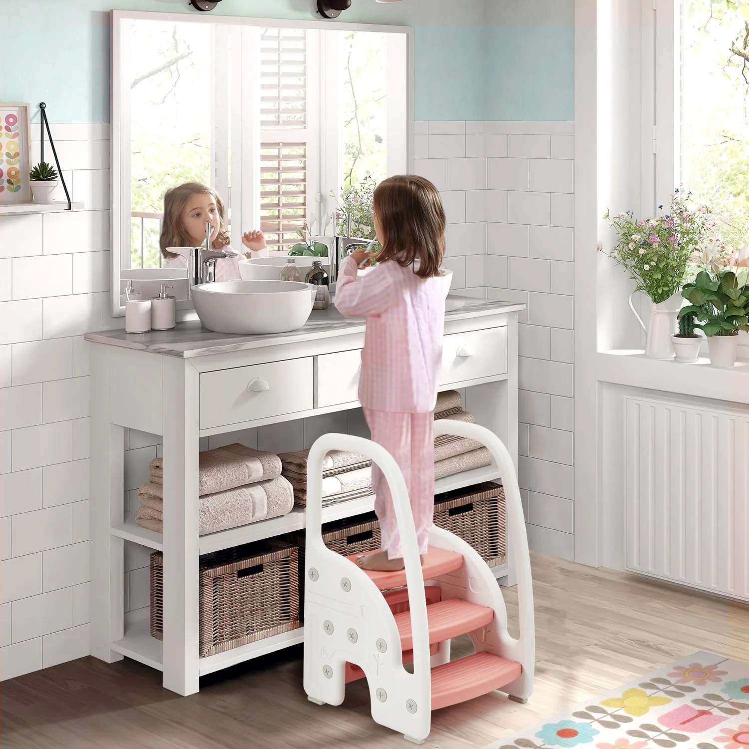 Adjustable 3-Step Toddler Step Stool with Handrails–Non-Slip Pedals –Step Stool for Kids –Stable Ladder for bathroom toilet