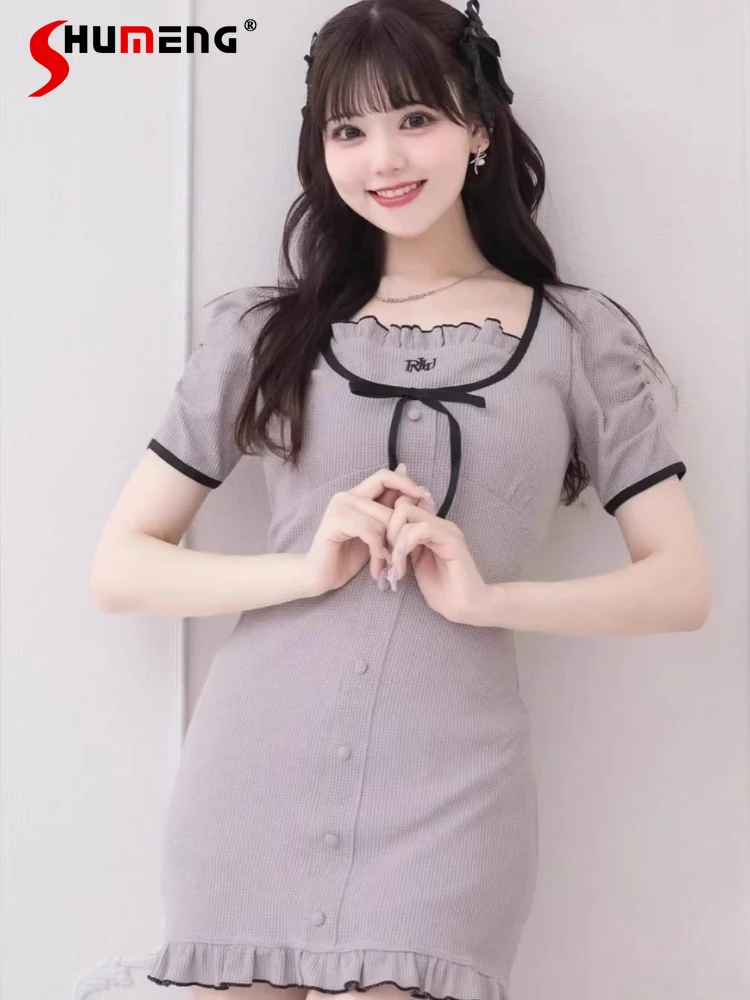 

2026 New Japanese Style Sweet Square Neck Pleated Lolita Short Sleeve Dresses Women Mine Commuter Fungus Lace Up Dresses Female