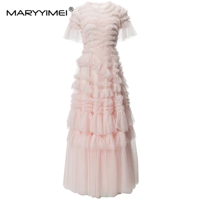 MARYYIMEI Fashion Designer spring Summer Women's O-Neck Short-Sleeved Mesh Splicing Edible Tree Fungus edge Elegant Dresses