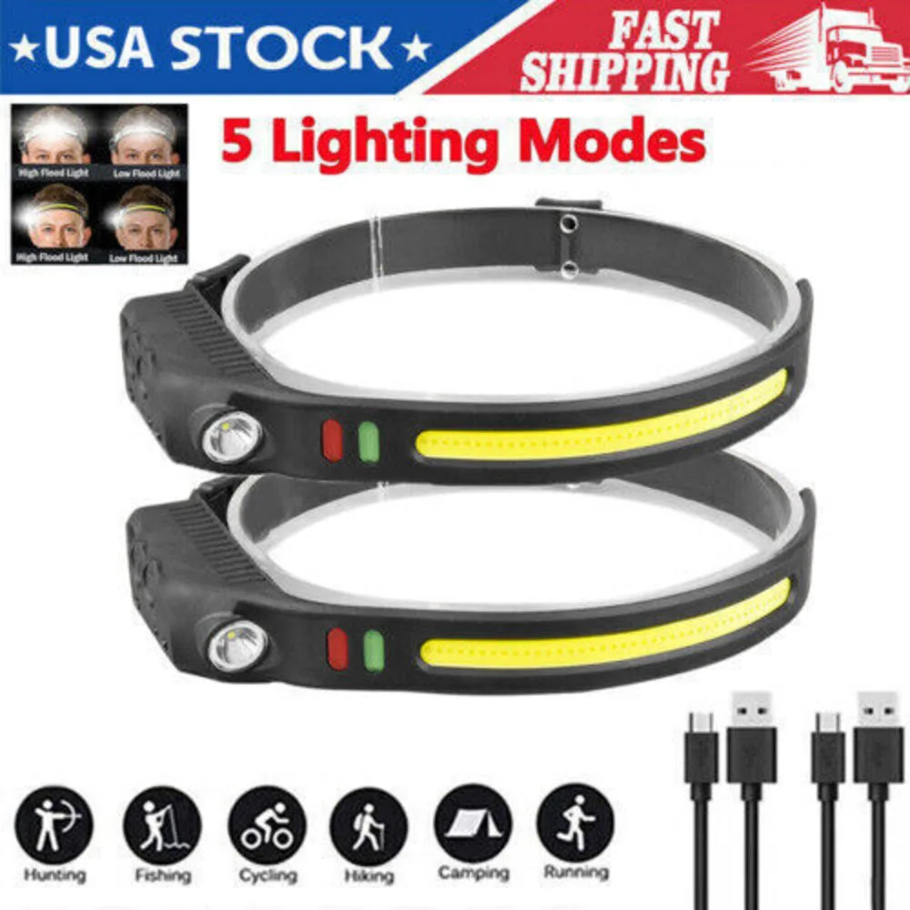 2PCS COB LED Headlamp Headlight Torch Work Light Bar Head Band Lamp USB Charging