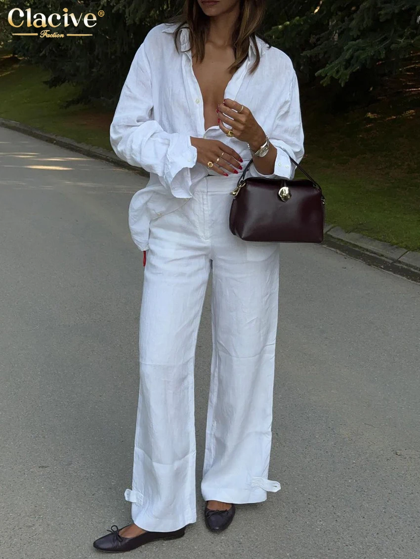 

Clacive Fashion Loose White Cotton 2 Piece Set Women Elegant Long Sleeve Shirt With High Waist Wide Pants Set Female Clothing