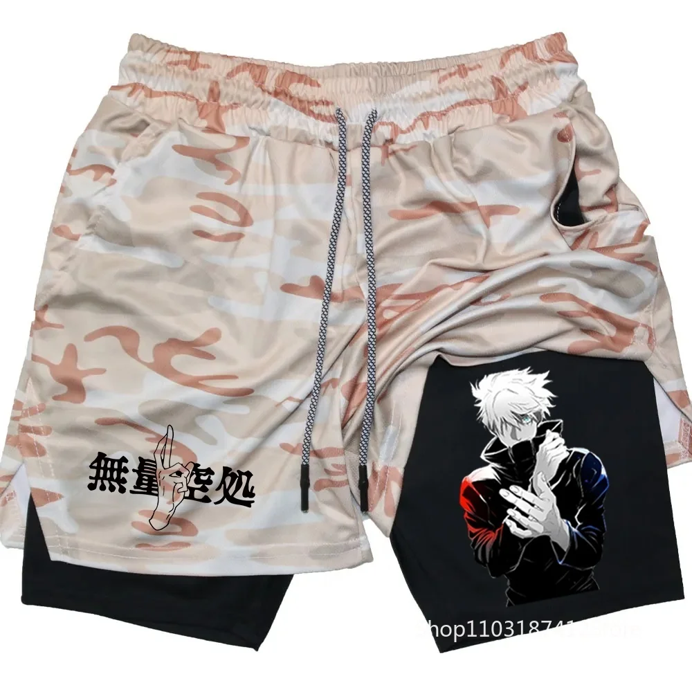 Men Anime Double Layer Shorts Gym Workout Printed Sports Multi-Performance Training Quick-Drying Jogging Pants Towel Pants M-3XL