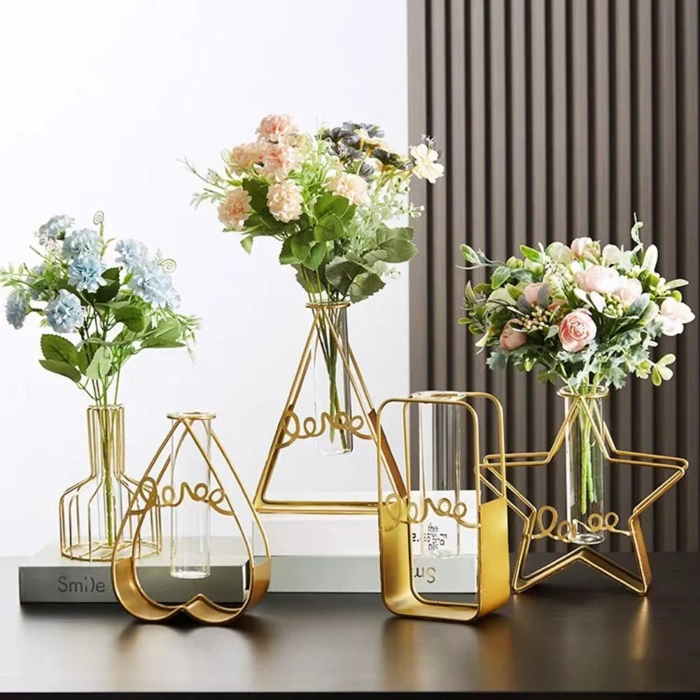 Pentagram Heart Hydroponic Vase Triangle Rectangle Home Decoration Glass Test Tube Tabletop Ornament Simplism Modern Iron Art