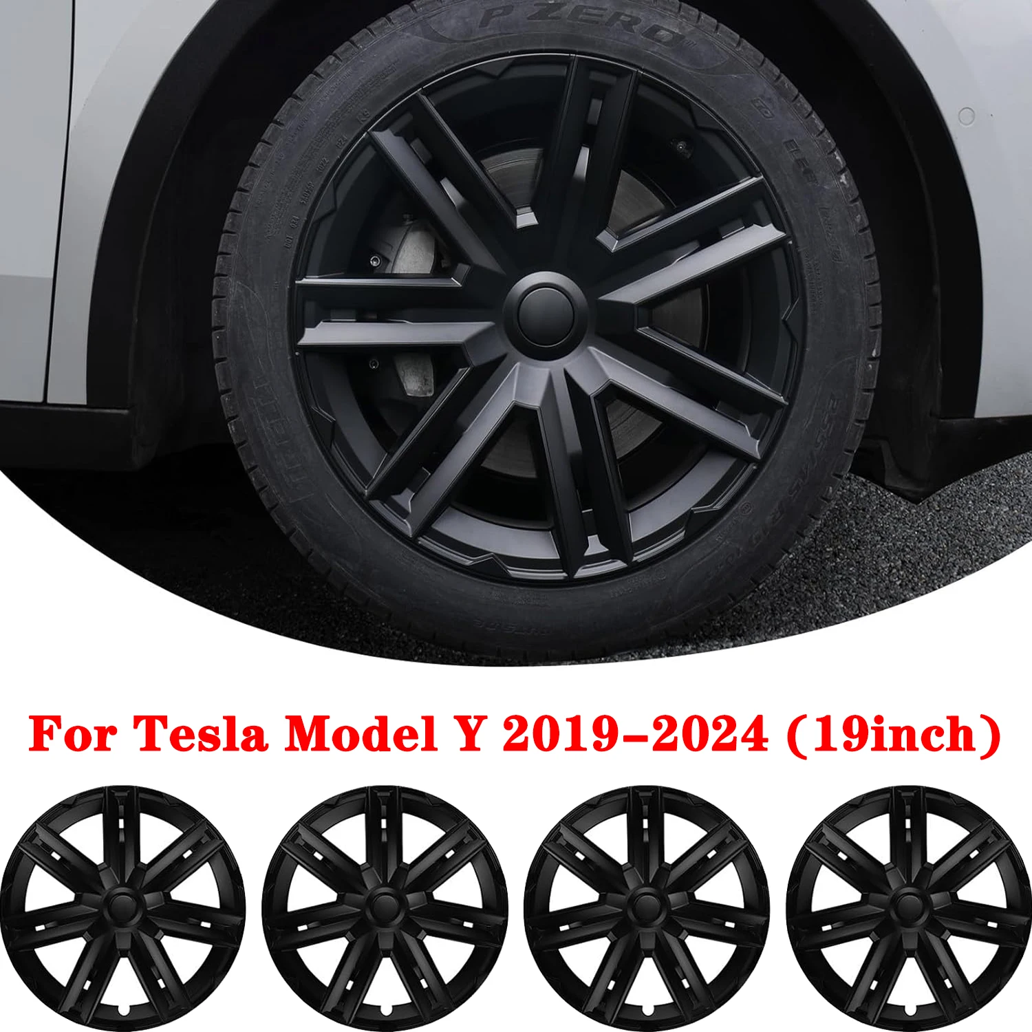 4PCS 19inch Hubcaps For Tesla Model Y 2024-2019, Thunder Style Wheel Covers Replacement Support Range Improvement Rims Protector