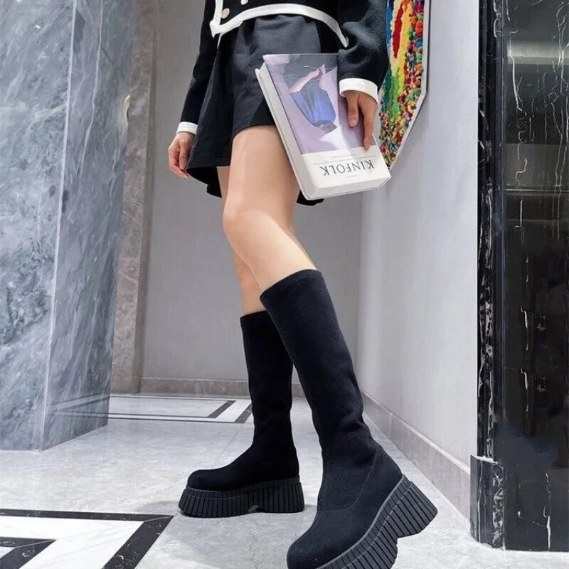 Pink Ladies Elastic Boots New Shoes Slip on Fashion Women Sock with Wedges Shoes Footwear Platform Botines Mujer Ankle Boots