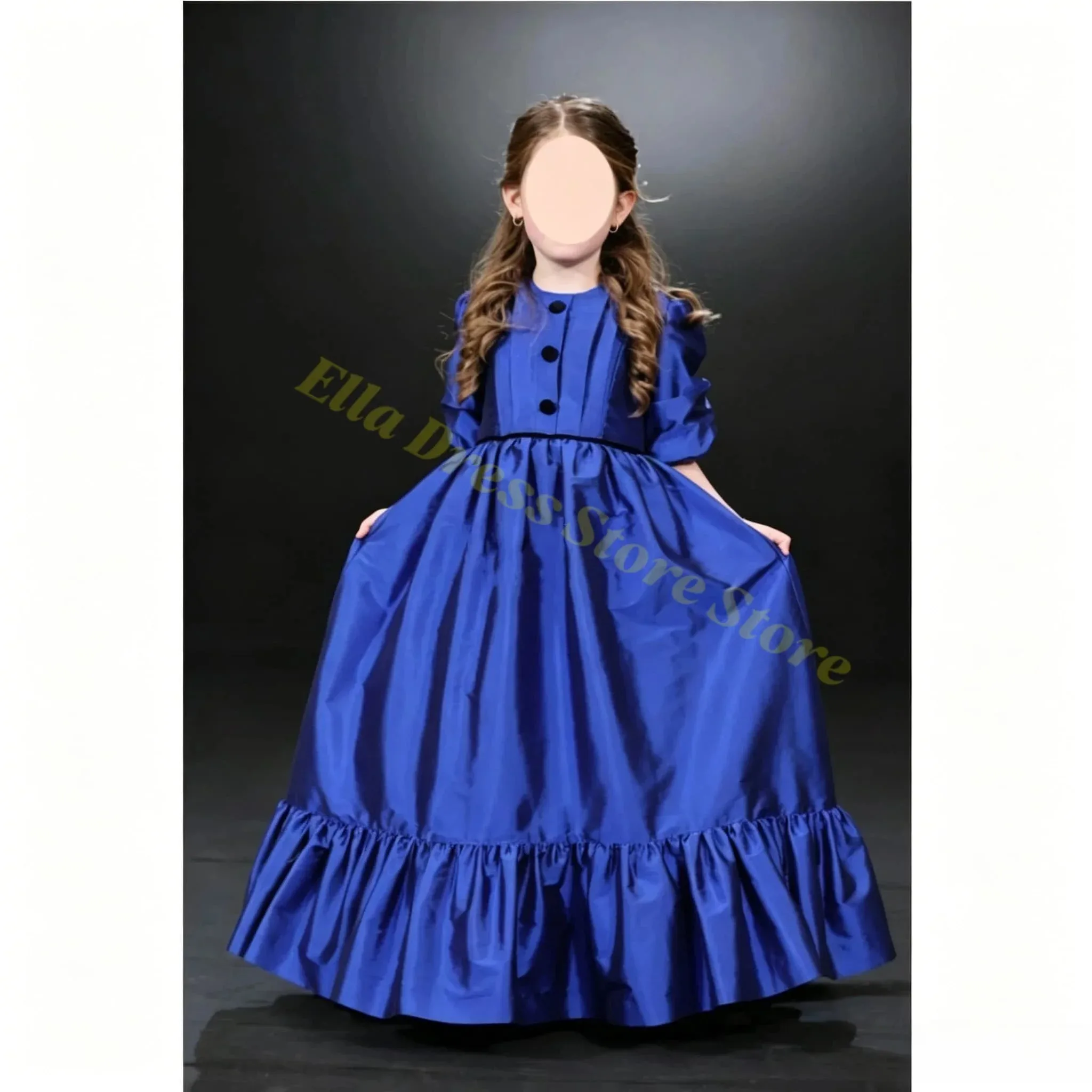 Großhandel Blaues Satin-Blumenmädchenkleid mit Puffärmeln für Hochzeit, 3/4 Ärmel, O-Ausschnitt, Erstkommunion, Kindergeburtstagskleid, Maßanfertigung – Detail 1