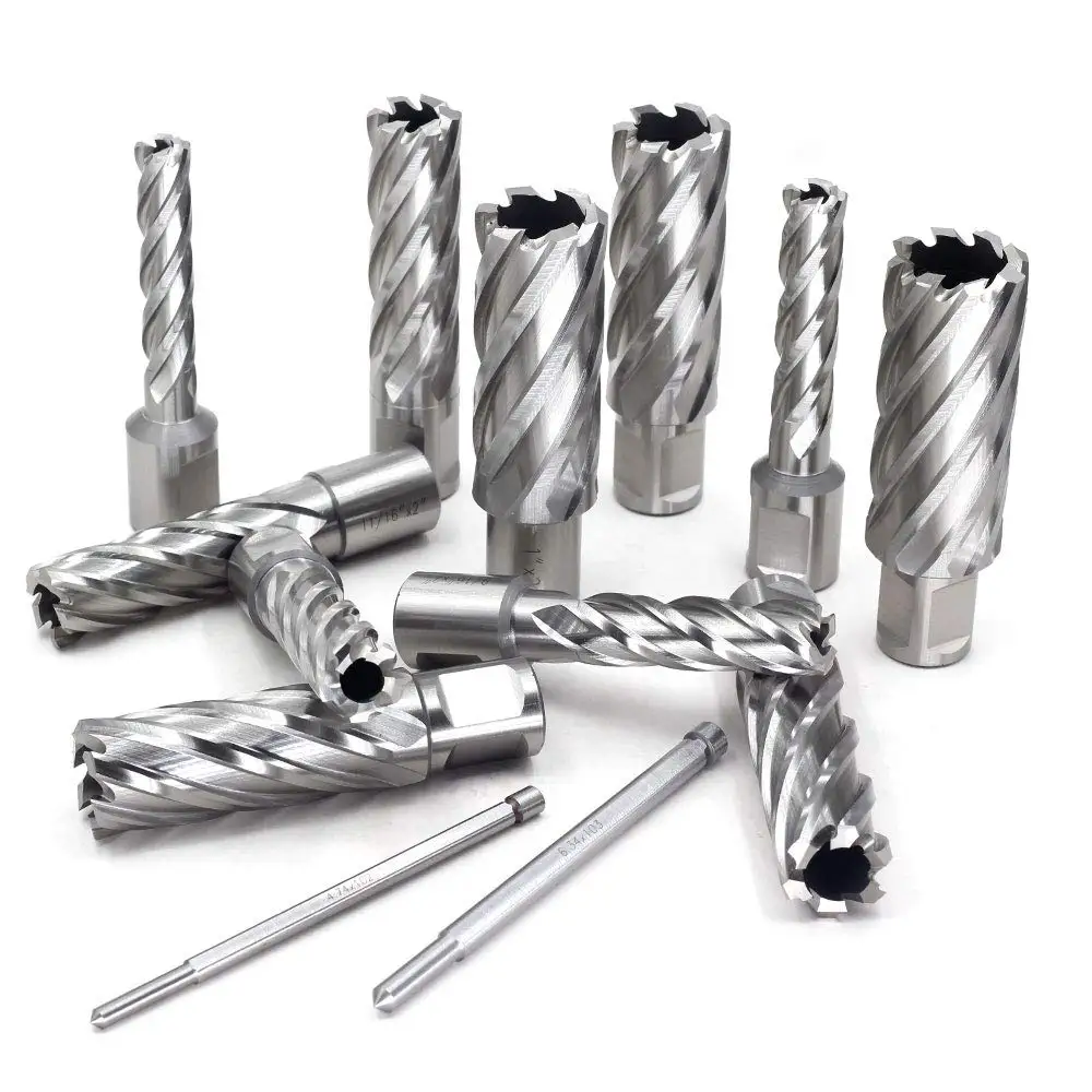 Annular Cutter Set 13 pcs 3/4 Inch Weldon Shank 7/16 to 1-1/16 for Drill Press HSS Standard Kit Two Flat with 2 Pilot Pins
