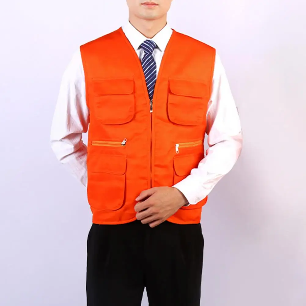 Men Waistcoat Multiple Pockets Cardigan Solid Color Breathable V Neck Outdoor Working Vest Sleeveless Slim Fit Men Vest for Work