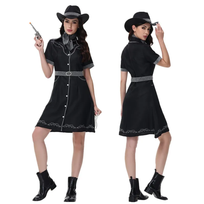 

Women's Western Cowboy Pirate Costume Halloween Cosplay Festival Party Performance Outfit Adult Size Polyester Fiber Dress
