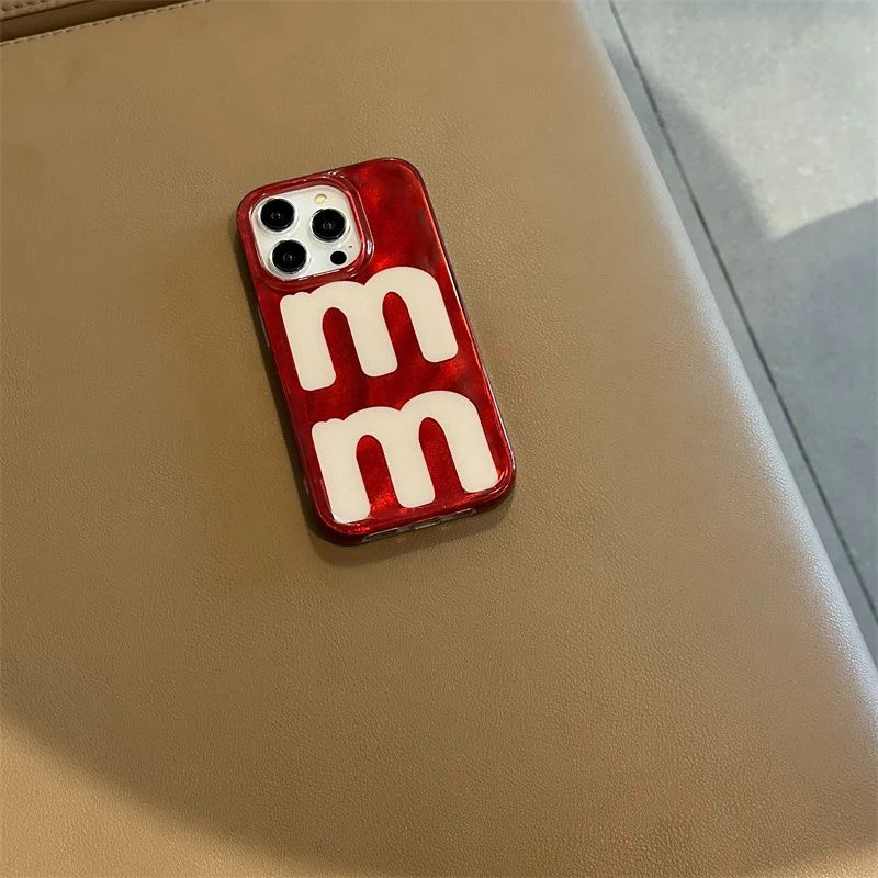 Phone Case with Red Background and Two M Letters, Water Ripple Pattern, iPhone 11, 12, 13, 14, 15 ,16 Pro Max
