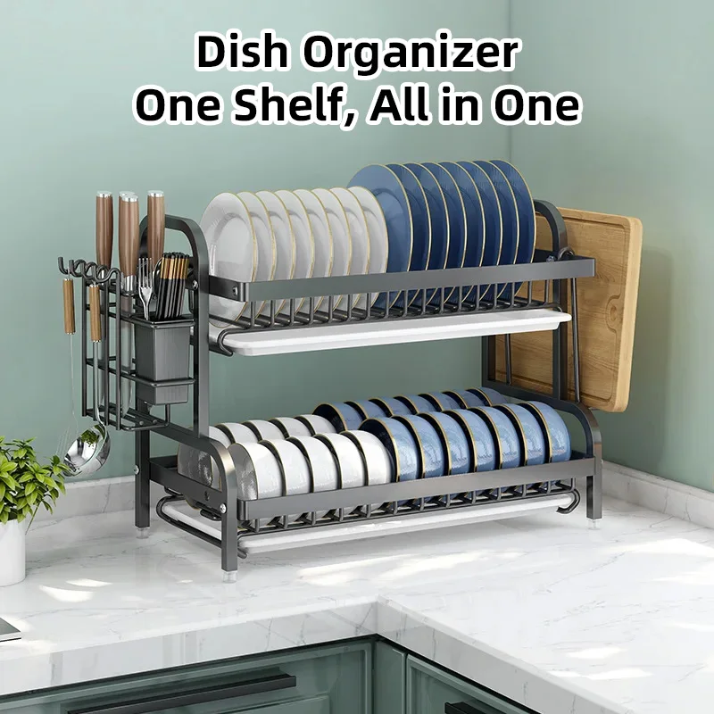 

Dish Drying Rack With Knife Chopstick Holder 2-Tier Compact Kitchen Carbon Steel Bowl Dish Drying Rack Rustproof Dish Drainer