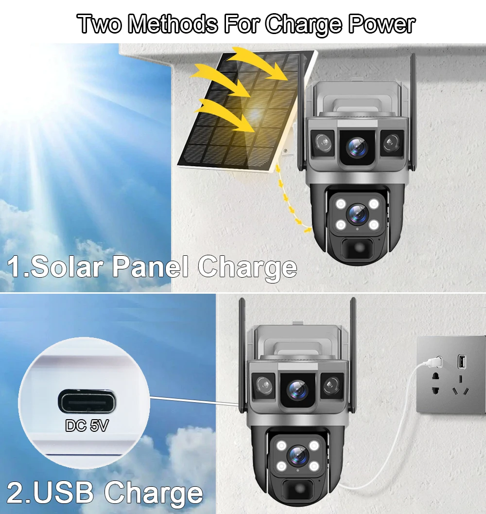 V380 Pro Solar Camera 4G Sim Outdoor Dual Lens tre schermi Webcam PIR Human Detect CCTV Security Video Battery PTZ IP Camara