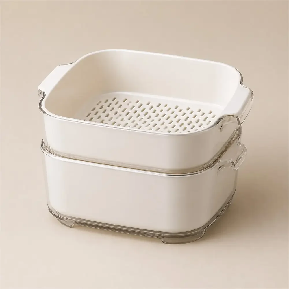 Ivory White Double Layer Colander Wash Basin Set Drain Basket Fruit Vegetables Kitchen Sink Countertop Food Preparation Bowl