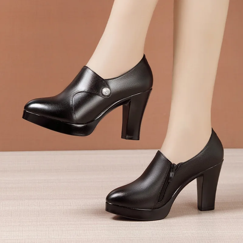 high quality leather shoe for women 9 cm high heel platform point toe 32 33 43 elegant and fashion 2024 autumn winter shoe black