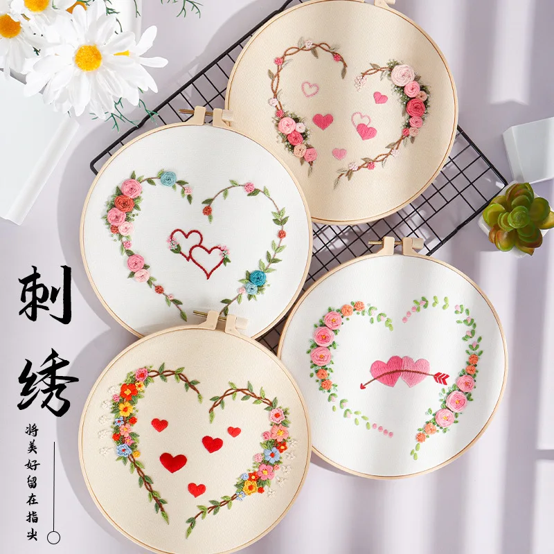 

Starter Embroidery Kit Love Pattern Diy Beginner Embroidery Kits Handcraft Needlework Sewing Hand Cross Stitch Set With Hoop