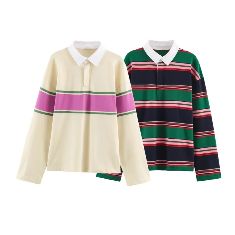 Women Color Block Striped Polo Shirt White Contrast Collar Half Placket Long Sleeve Loose Fit Casual Pullover Tee Tops
