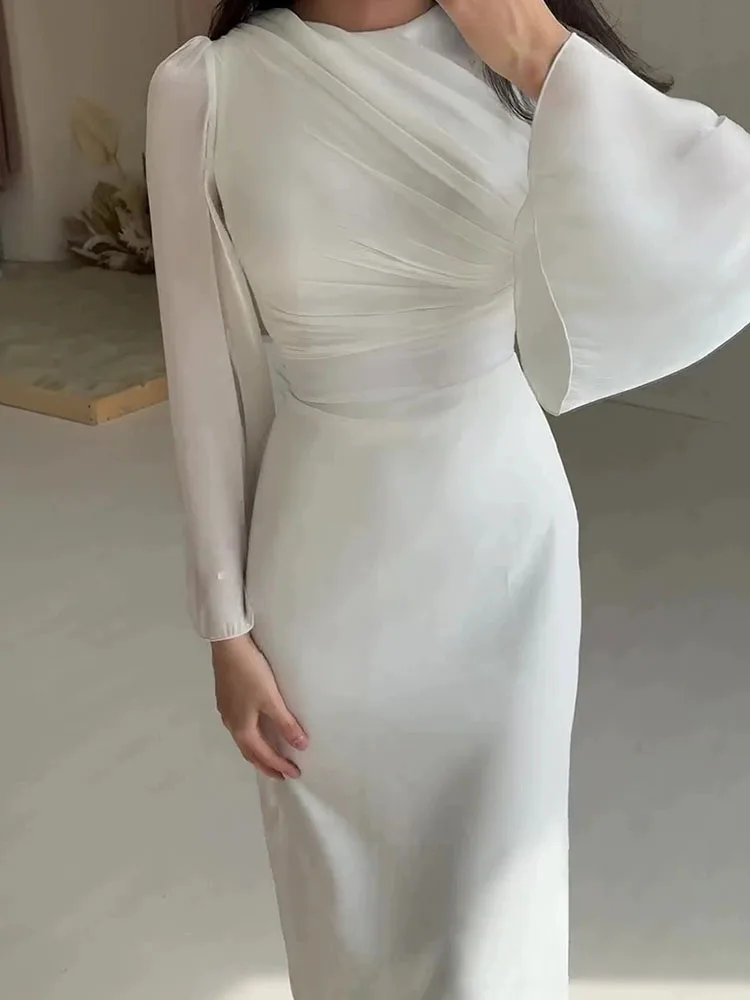 Fashion Women Satin Temperament Long Dress Sexy O-neck Long Sleeve Spliced Evening Dress Elegant Solid Color Slim Wrap Hip Dress