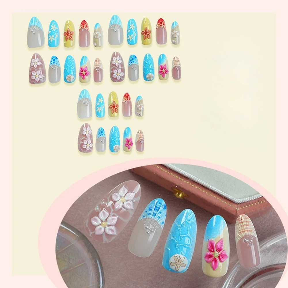 

New Fashion 3D Wearable Nails Ocean Shell Flowers Pearl Detachable Fake Nails with Glue Wholesale 24 Pieces