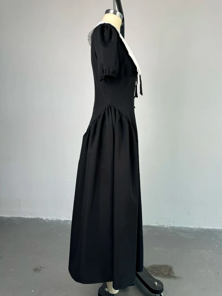 Franse damesjurk temperament woon-werkverkeer revers V-hals kant bubble korte mouwen slim fit hoge taille button-up shirt lange jurk