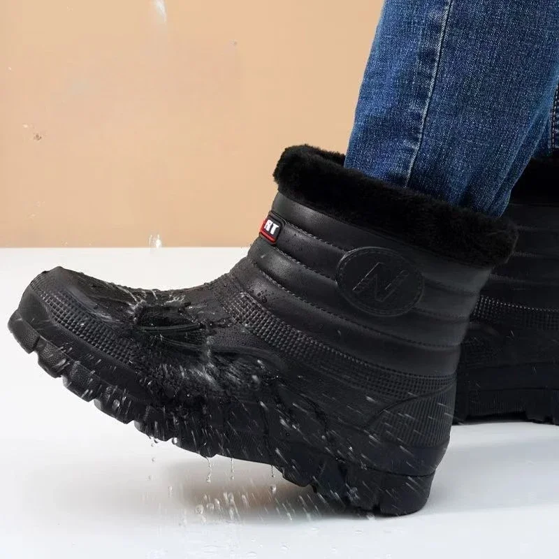 Men's Cotton Boots, Winter New Waterproof and Anti Slip Snow Boots, Fashionable and Plush Warm Round Toe High Top Work Boots
