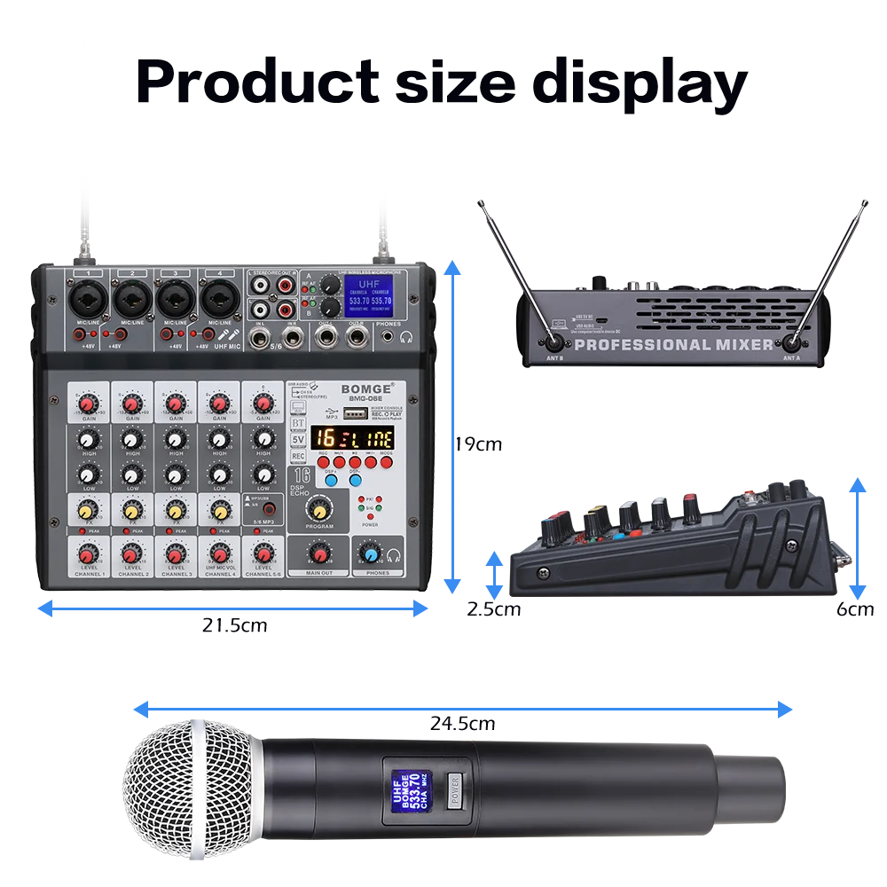 6 Channel Audio Mixer Mixing Console Built-in Microphone UHF Wireless Mics Bluetooth USB 16 DSP Effect For DJ Karaoke PC Record