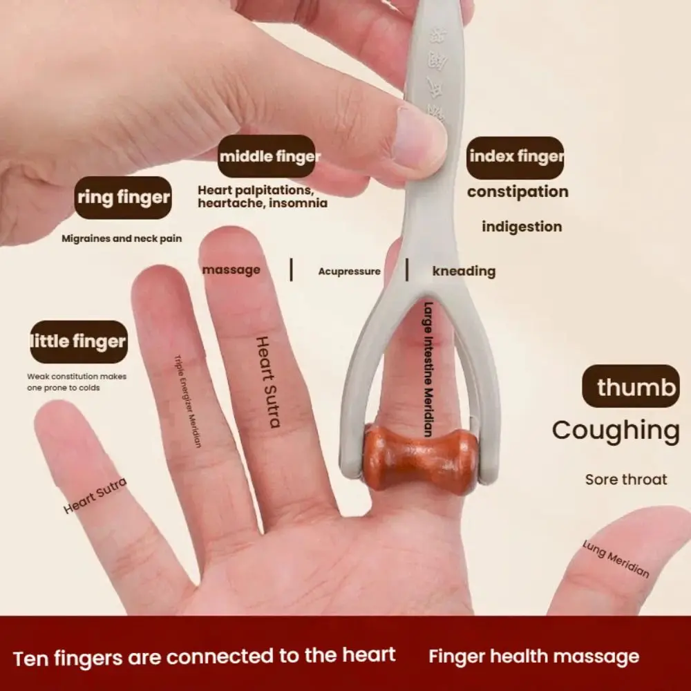 Solid Wood Finger Massage Roller with 360° Rollers Clip Design Finger Massager Acupressure Stick for Hand Meridian Relief