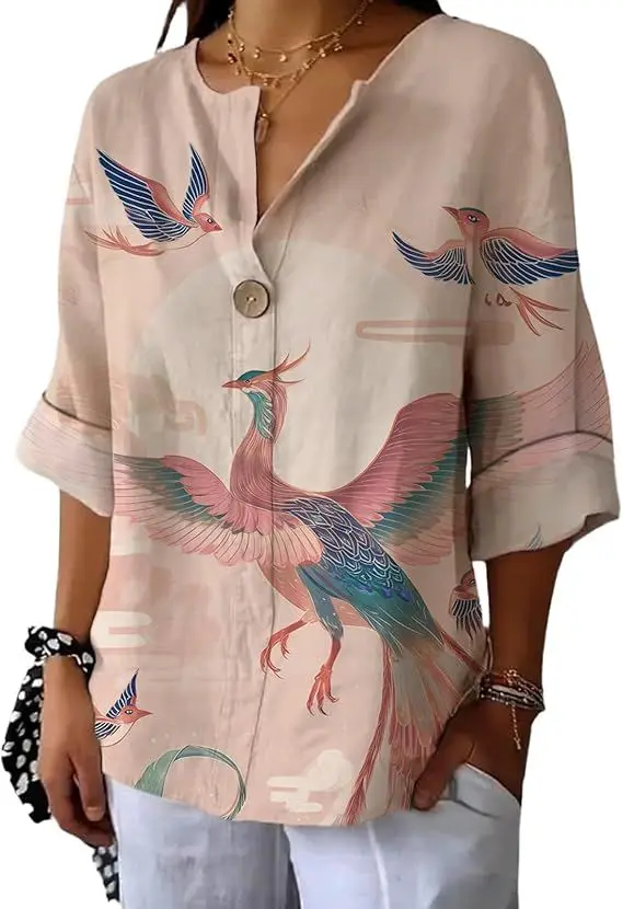 

New Women's Texture Shirt Loose Button V-Neck Shirt 3/4 Sleeve Casual Tunic Summer Dress