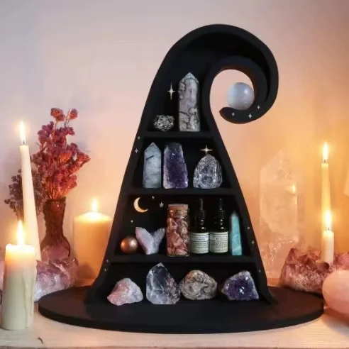 

Crystal Shelf Display Witch Hat Star Moon Cat Wooden Shelf Wall Decor Crystal Storage Rack For Mineral Rocks Ornament Decoration