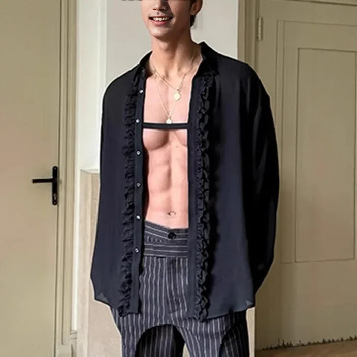 New Men's Simple Lace Black Chiffon Shirt Large Size Long Sleeve Loose Casual Shirt Men's