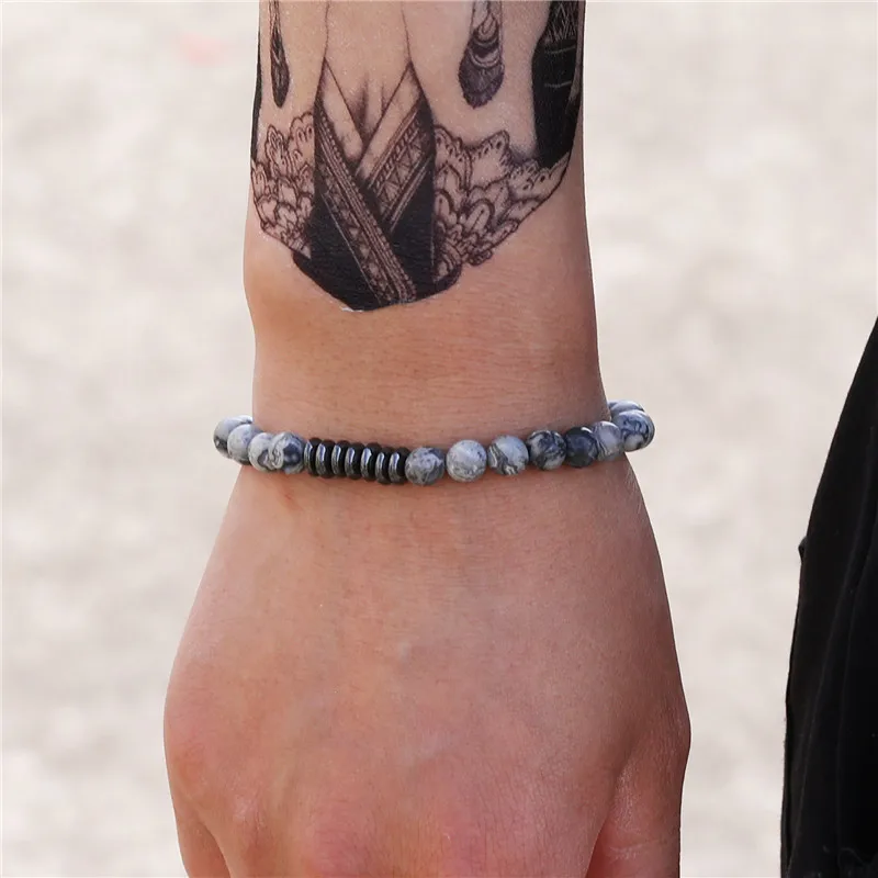 European American Fashion Minimalist 6mm Map Stone Men's Bracelet Unique Retro Jewelry Holiday Gift