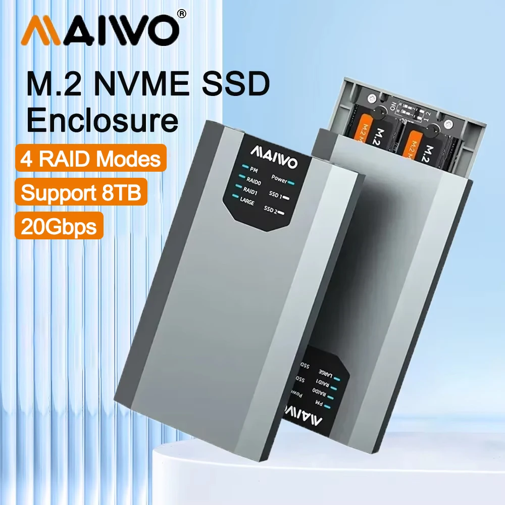 

MAIWO Dual Bay M.2 NVMe SSD Case with 4 RAID Modes for 20Gbps Speed M2 NVMe PCIe Enclosure Supports 8TB USB3.2 Gen2x2 Type-C Box