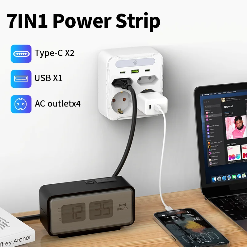 Wall Socket Power Strip with 4 AC Outlets 2 USB Ports 1 Type-C EU Plug Charger Electrical Switch For Home Power Socket