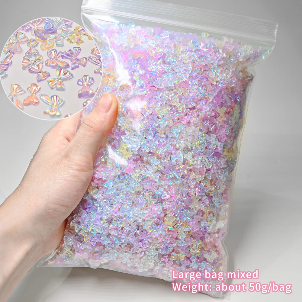 50g/bag Aurora Bowknot 3D Nail Art Charms Mixed Kawaii Resin Bow Rhinestones Korean Ribbon Bow Tie DIY Manicure Decorations