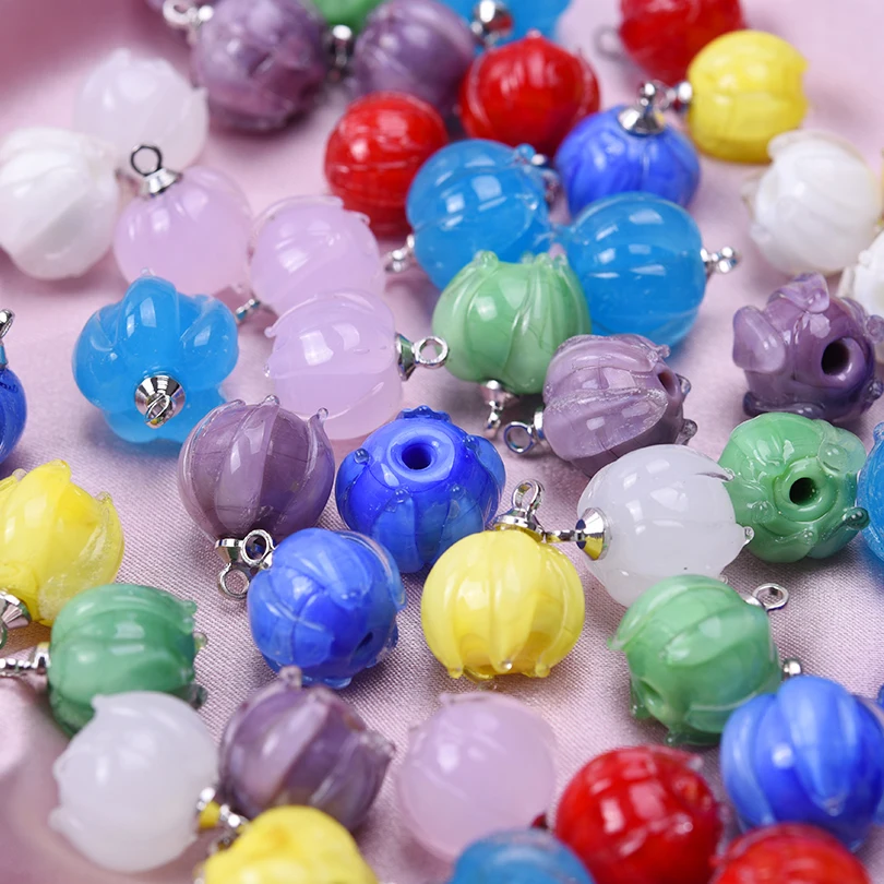 9Pcs/Lot Mix Colors Glass Round Flower Bud Beads Beads Assorted Bell Orchid Charms Diy Women Earrings Material Jewelry Making
