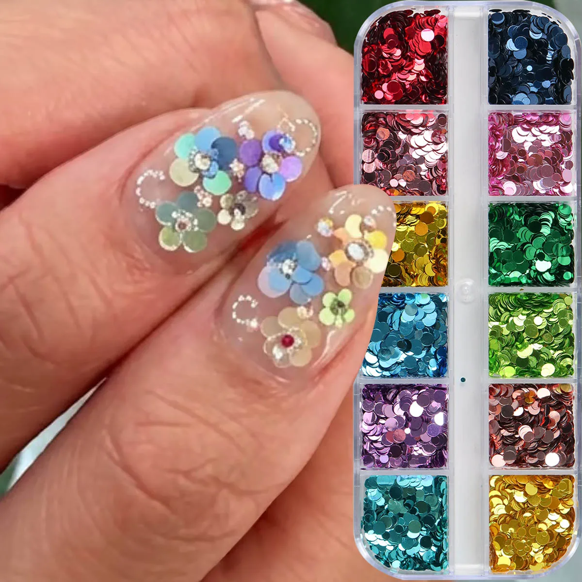 12 Grids 3D Spliced Flower Polka Dot Nail Art Sequins Sparkling Round Nail Glitter Cute Macaron Color Polka Dot Decoration