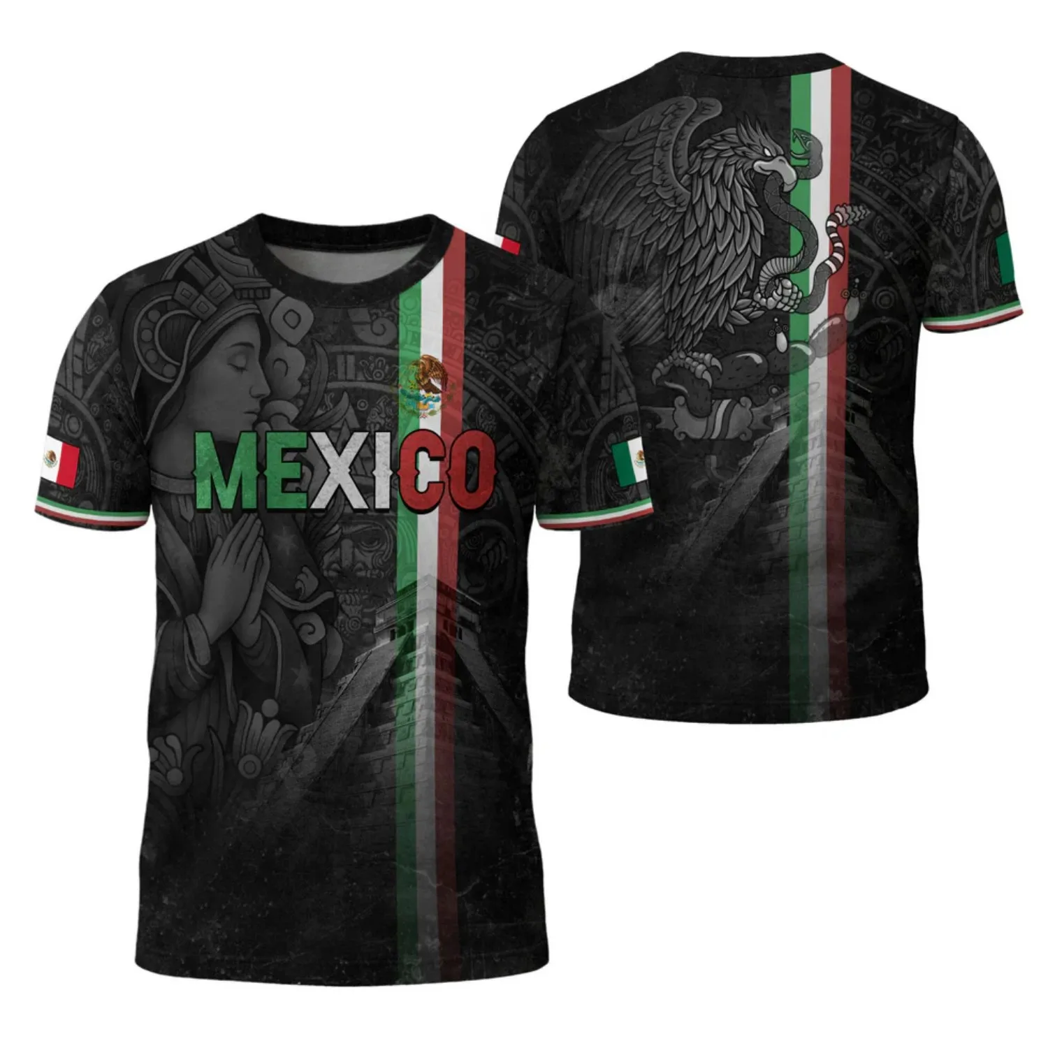 Mens Round Neck T Shirt Mexico Aztec Portrait Graphic Short Sleeve Casual Tops with Flag Stripe and Pyramid Back Design for Mens