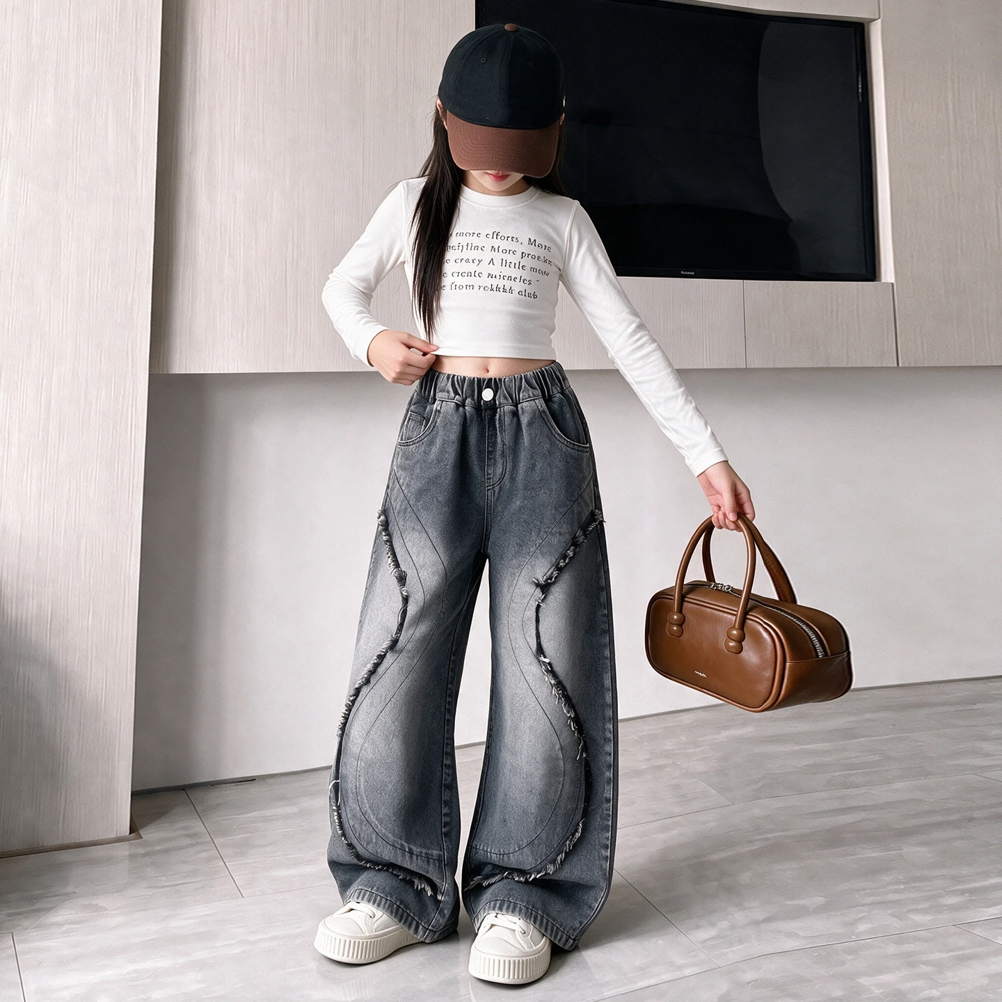 Tassel Jeans For Girl Vinatge Wide Leg Denim Pants Spring Autumn Children Casual High Quality Teenager Clothes 4-14 Years