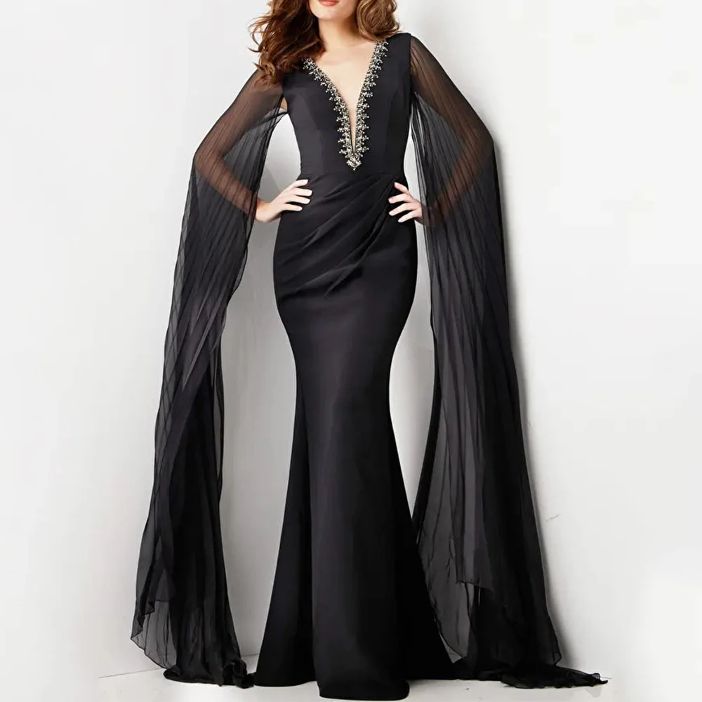 

Elegant Mermaid Floor Length Evening Dress with Pleat and Applique Cloak Long Sleeves Ladies Delicate Wedding Party Gowns