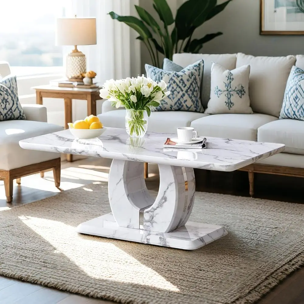 

43.3 Modern Coffee Table with Auxiliary Marble Top, Suitable for Living Room, Cocktail, Tea, or Dining, White and Gray