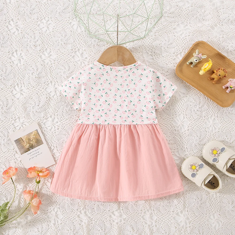 Summer Girls Dress and Baby Girl Fake Two Small Flower Printed Short Sleeves Two Three Dimensional Flower Strap Dress