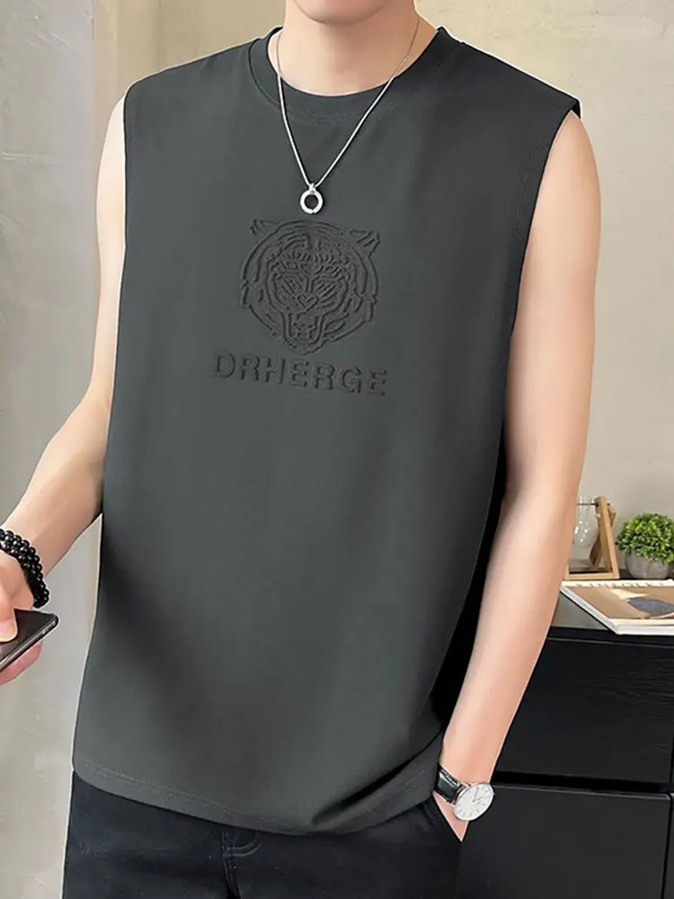 

MK Fitn round Ne Vest Men's Summer Thin High-End Loose Ice Silk oulder T-irt Faion Urban Sle No Sve T-irt