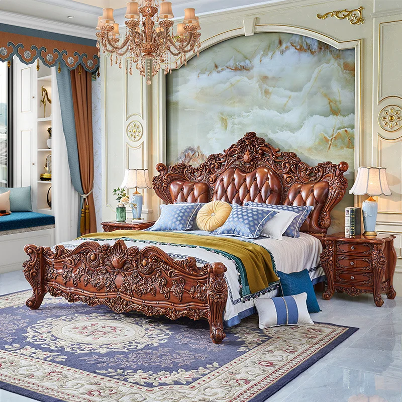 European style solid wood bed master bedroom princess bed dark brown