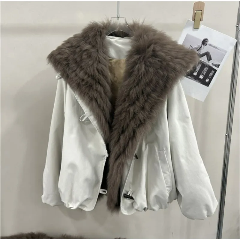 European Station Winter New Style Large Lapel Woolen Collar Parker Cotton Jacket with Cotton Lining Warm Loose and Slimming Coat