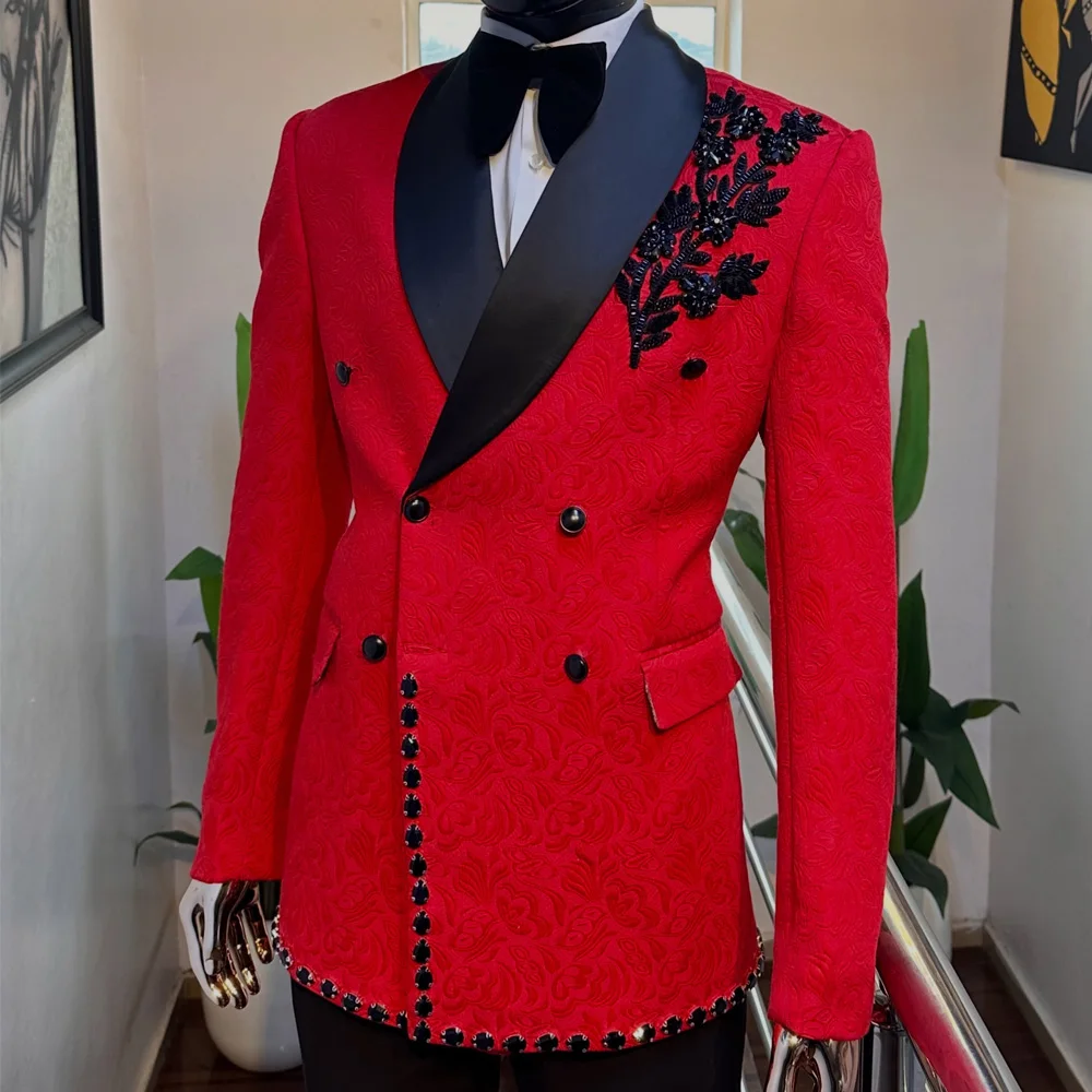 

Luxury Appliques Crystal Men Suit 2 Piece Set Male Prom Blazers Slim Fit Party Wedding Groom Tuxedos Customized Costume Homme