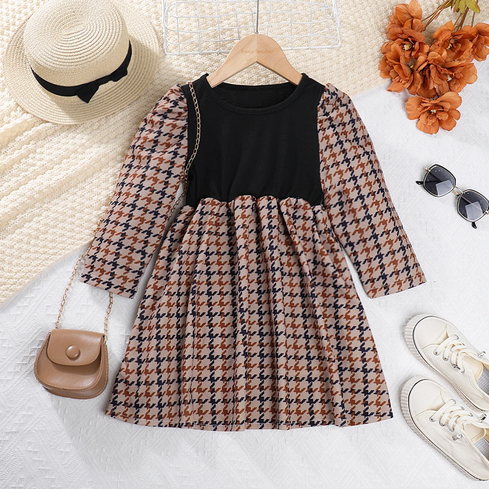 Autumn and Winter Promotion Casual Thousand Bird Pattern Splicing Long Sleeve Casual Dress for Girls' Daily Wear