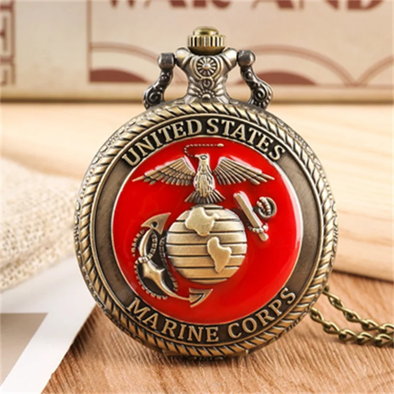 Vintage US Marine Corps Themed Quartz Pocket Watch Fashion Red Pendant Necklace Souvenir Gift For Kids School Supplies