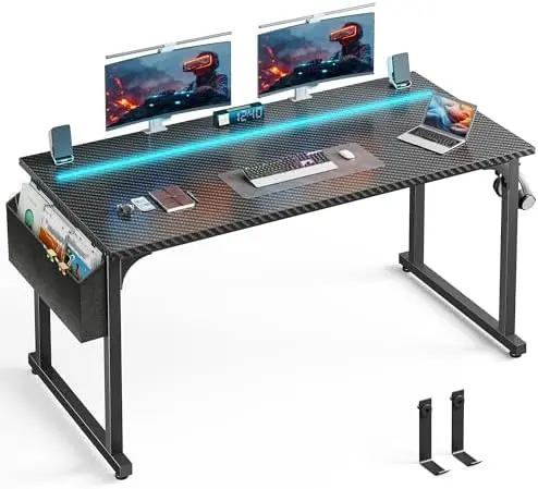 55” Carbon Fiber Gaming Desk, IP65 RGB LED Computer Desk with Side Storage Bag & Headphone Hook, Sturdy Metal Frame