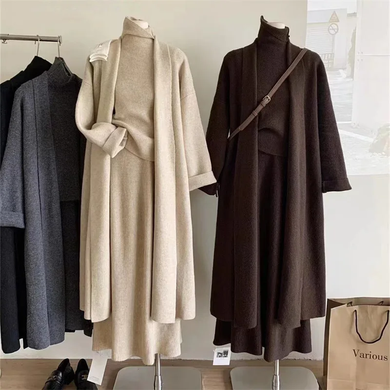 

Korean Casual Knitted Sweater Suit for Women in Autumn and Winter New High-neck Vest Half-length Skirt with Three-piece Set