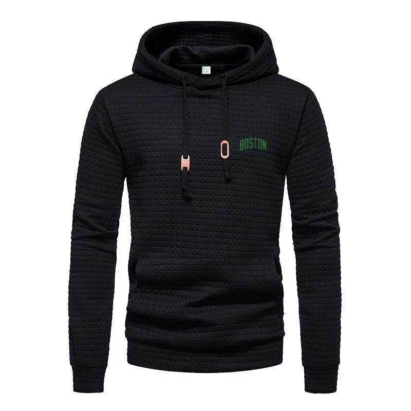 Moletom Masculino Texturizado Quente com Capuz Jacquard, Cordão Ajustável, Estampa de Logo no Peito, Lateral com Detalhes, para Treino e Casual