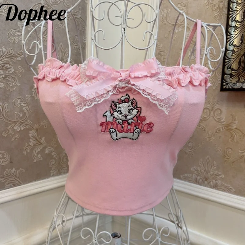 

Dophee Original Sweet Princess Camisole Embroidery Cat Slim Crop Tanks Top Cute Lolita Elegantt Ruffles Chest Pad Basic Camis